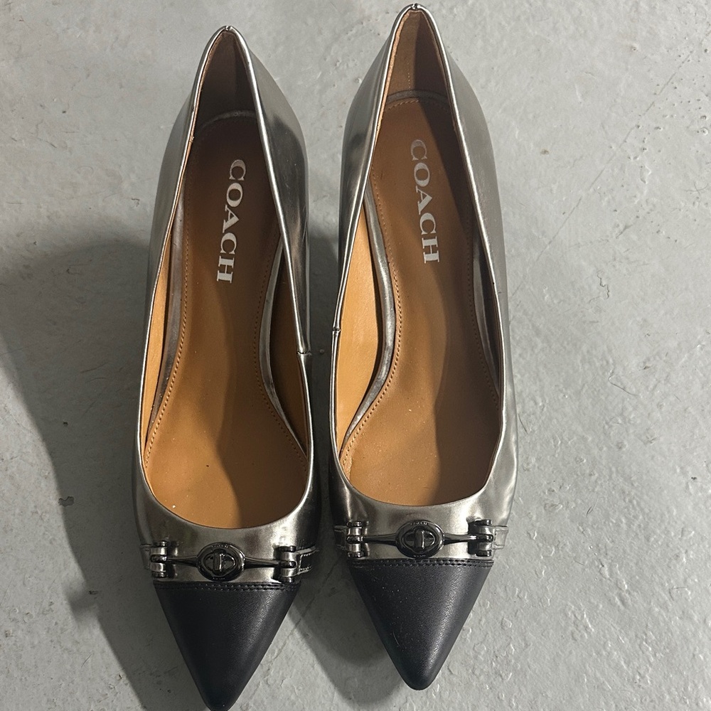 Coach Women's Metallic Silver and Black Heels